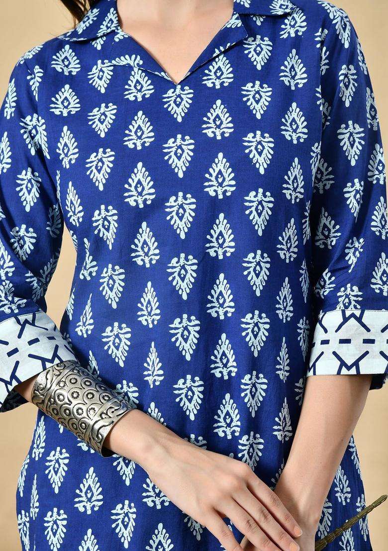 Navy Blue Printed Cotton Kurta Set - Indya