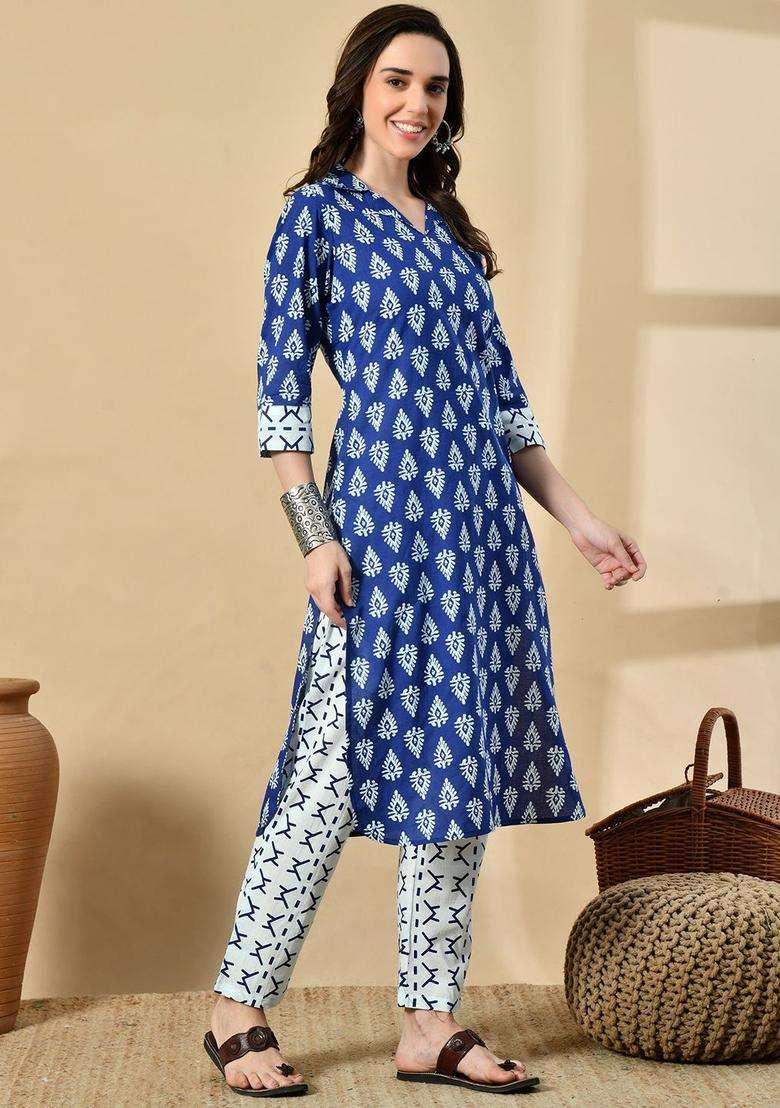 Navy Blue Printed Cotton Kurta Set - Indya