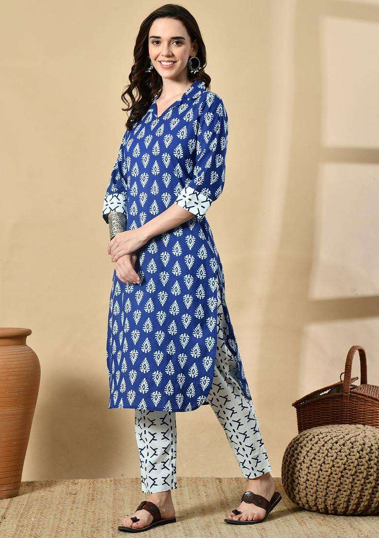 Navy Blue Printed Cotton Kurta Set - Indya
