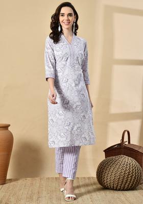 Lavender Printed Cotton Kurta Set