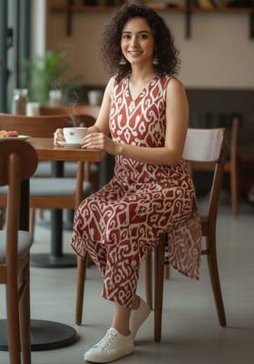 Brown Printed Cotton Kurta Set