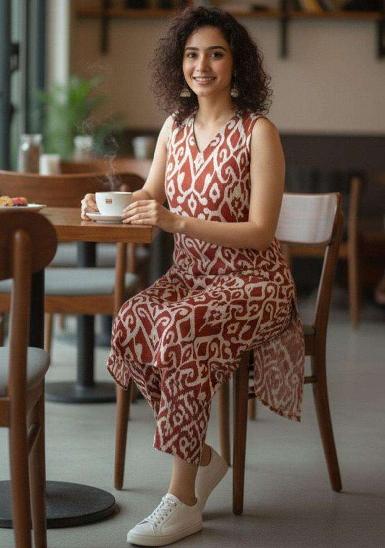 Brown Printed Cotton Kurta Set - Indya