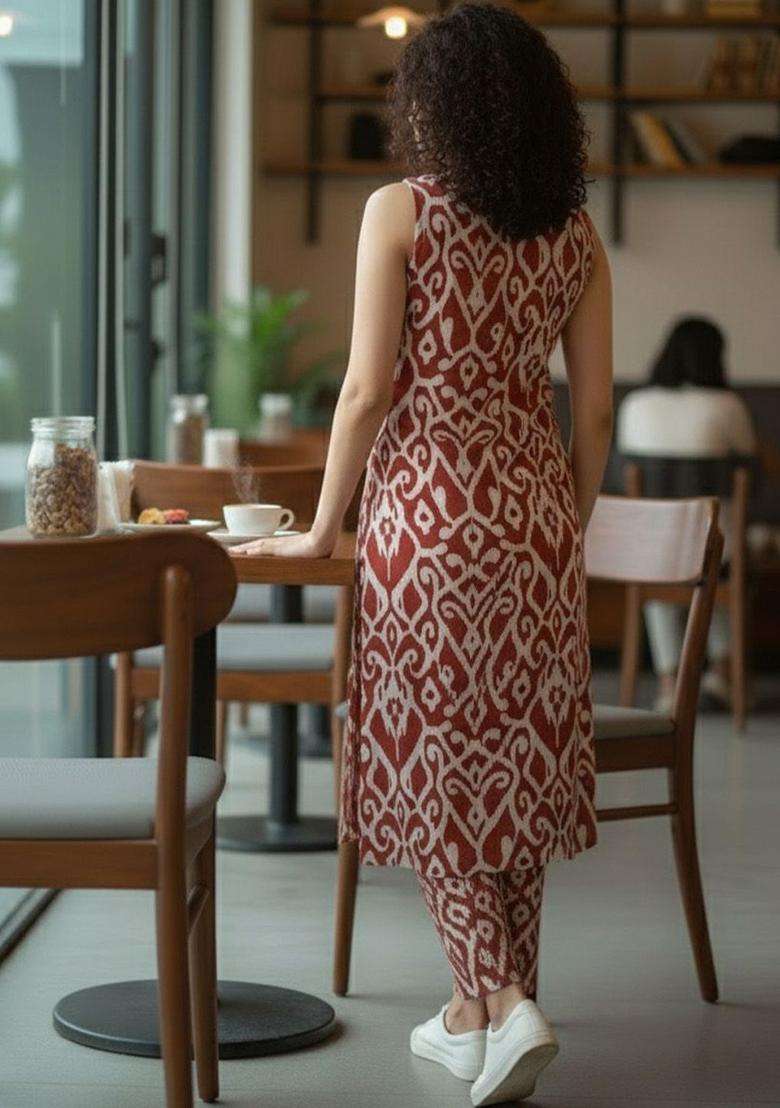 Brown Printed Cotton Kurta Set - Indya
