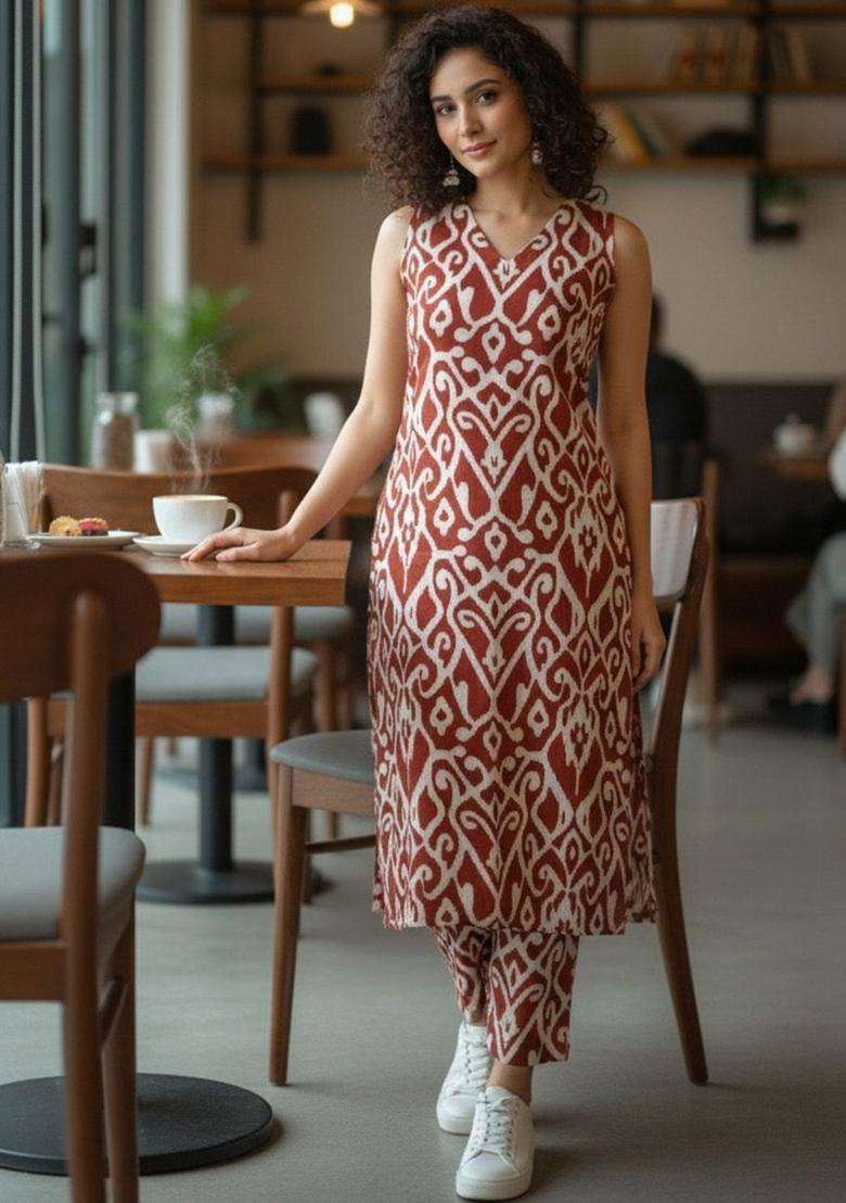 Brown Printed Cotton Kurta Set - Indya