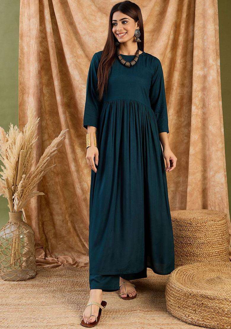 Teal Solid Viscose Anarkali Set - Indya