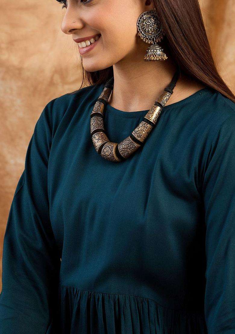 Teal Solid Viscose Anarkali Set - Indya