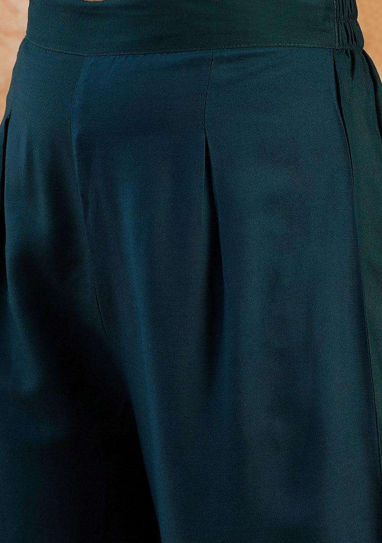Teal Solid Viscose Anarkali Set - Indya