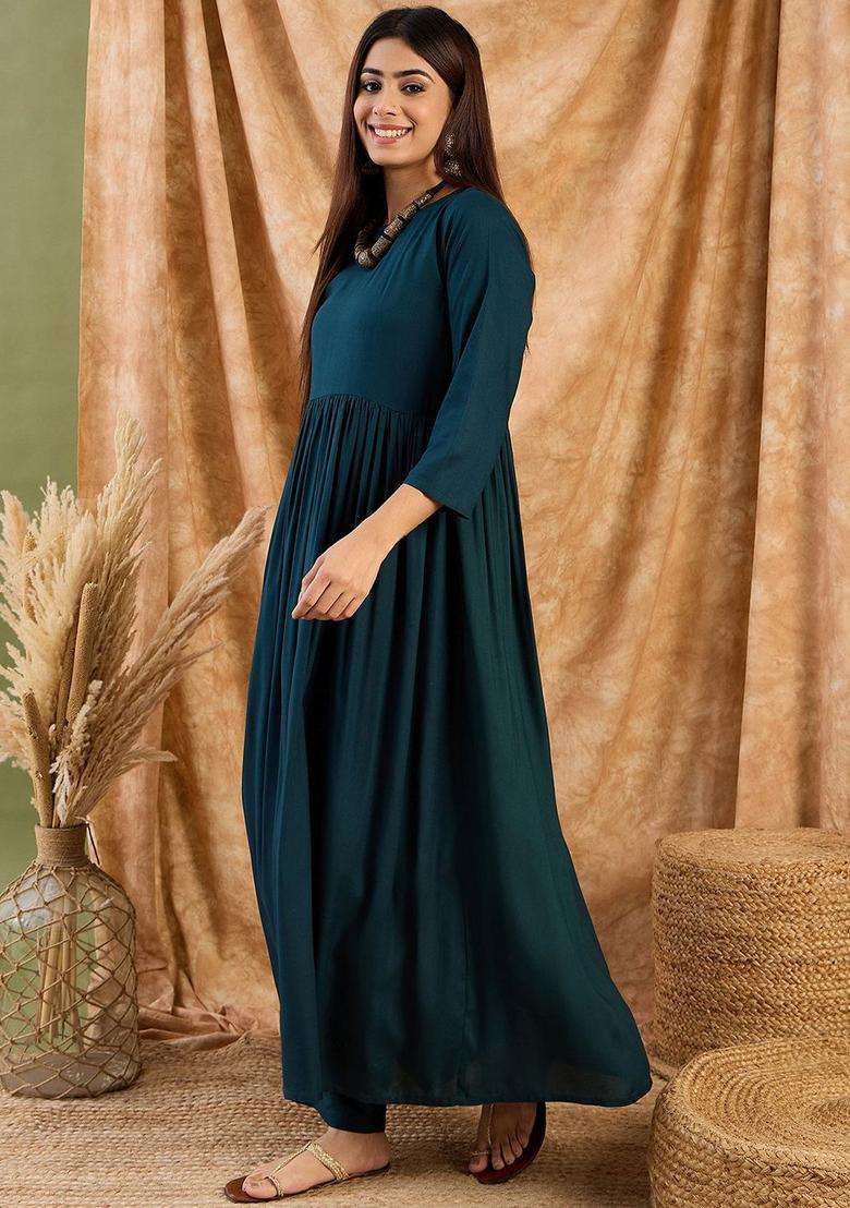 Teal Solid Viscose Anarkali Set - Indya