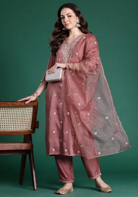 Mauve Embroidered Silk Blend Kurta Set