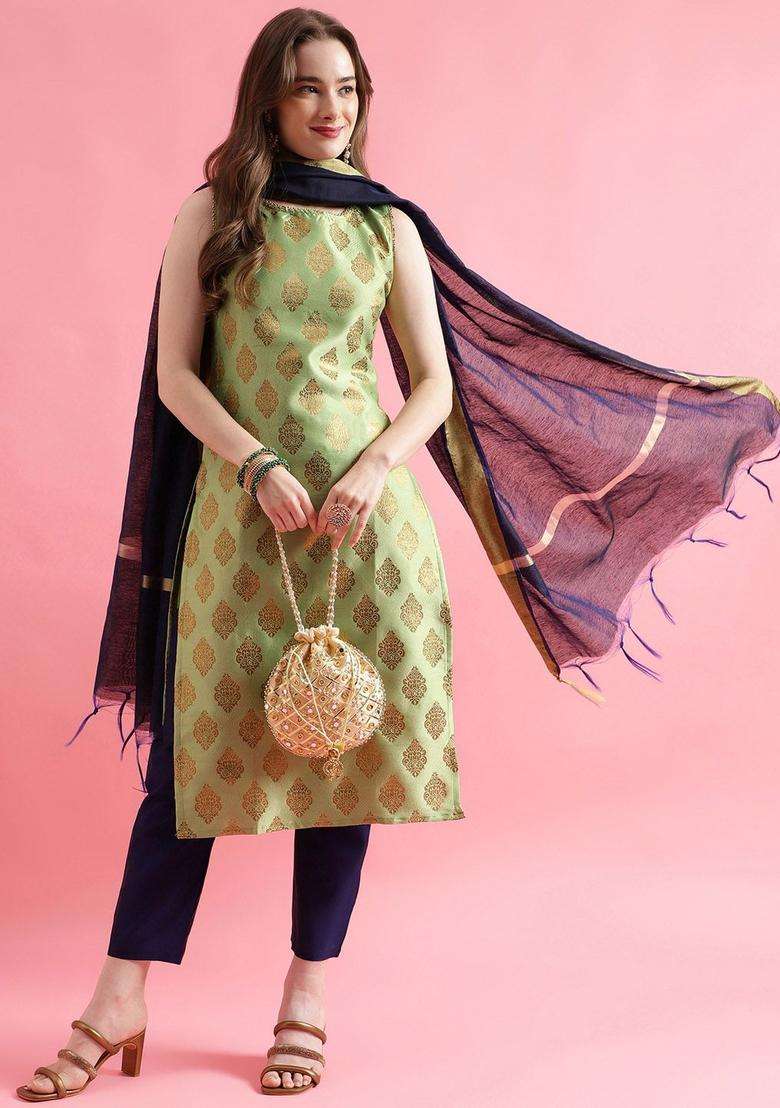 Green Woven Design Silk Blend Kurta Set - Indya