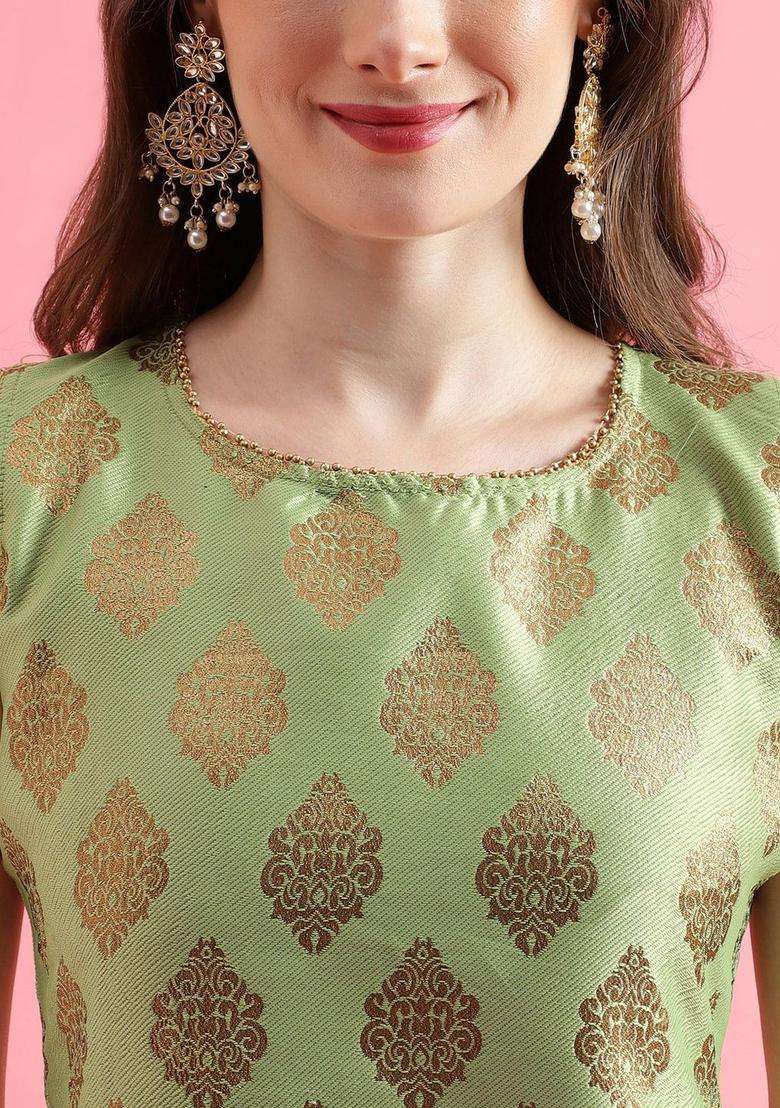 Green Woven Design Silk Blend Kurta Set - Indya
