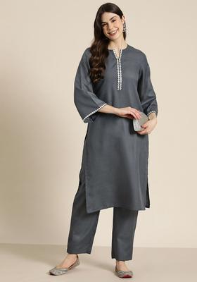 Grey Solid Cotton Kurta Set
