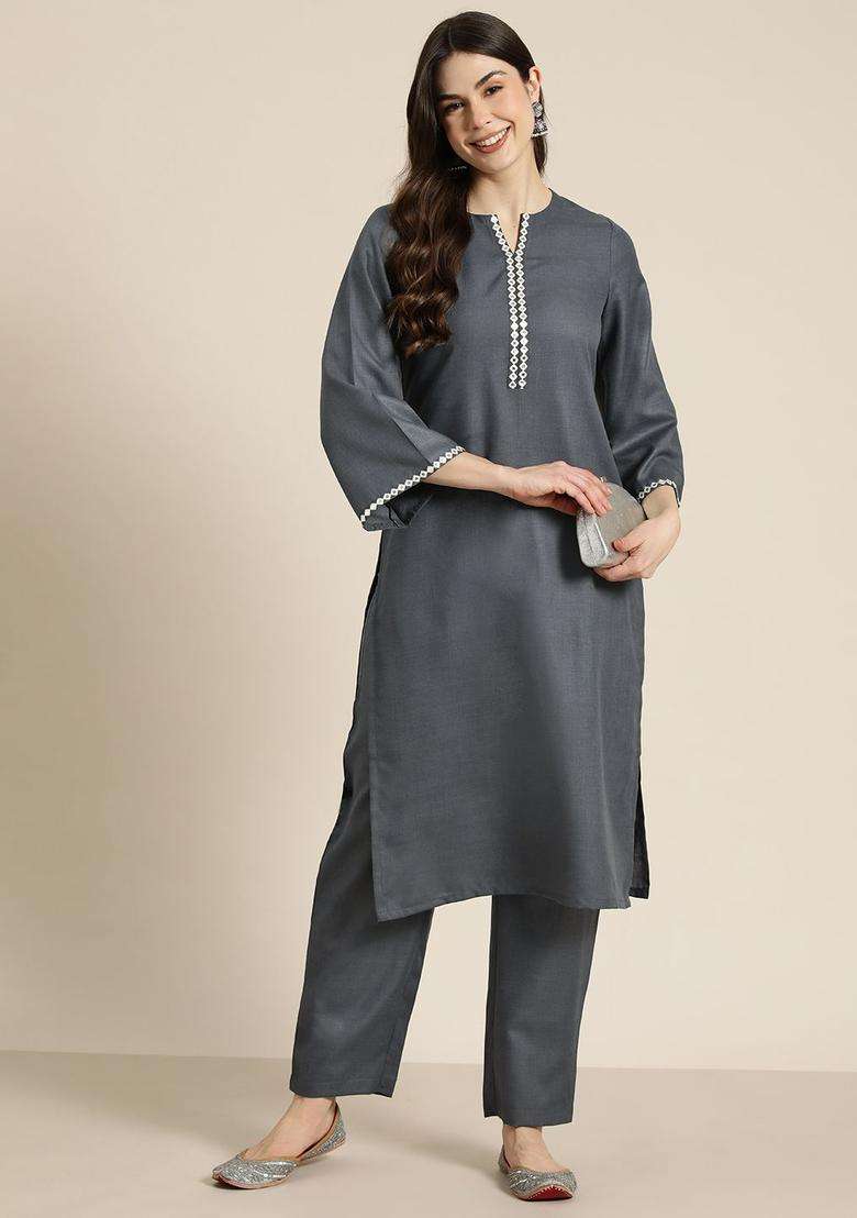 Grey Solid Cotton Kurta Set - Indya