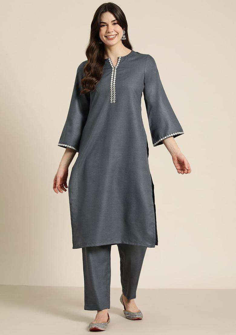 Grey Solid Cotton Kurta Set - Indya
