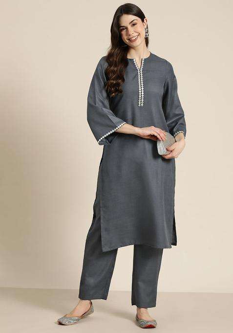 Grey Solid Cotton Kurta Set