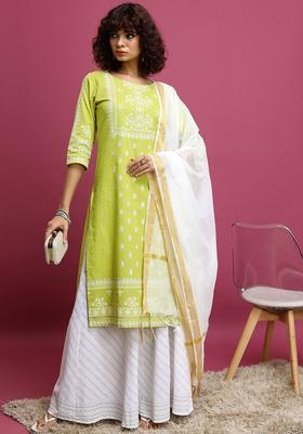 Lime Green Printed Cotton Kurta Set