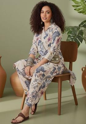 Cream Printed Cotton Kurta Set