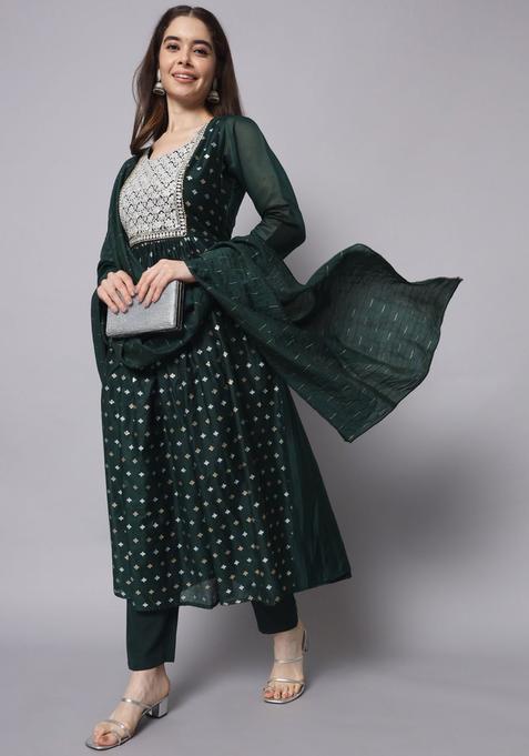 Green Woven Design Silk Anarkali Set — view on Indya