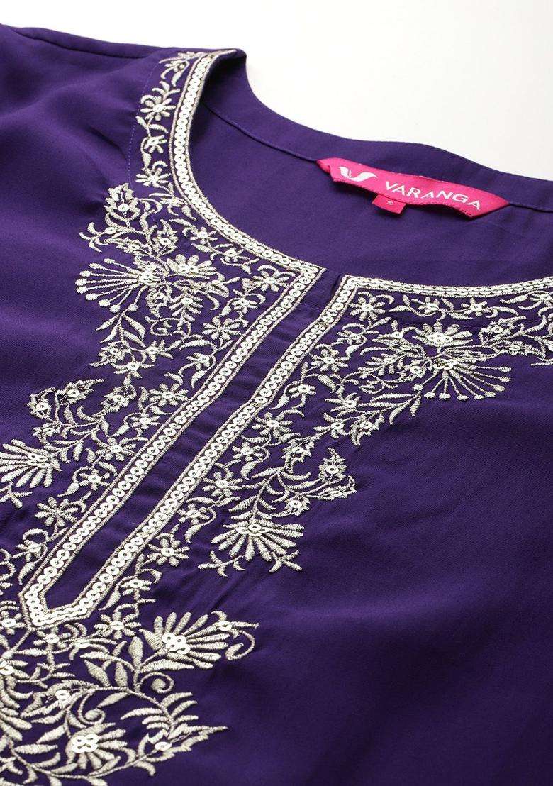 Navy Blue Embroidered Silk Blend Kurta Set - Indya