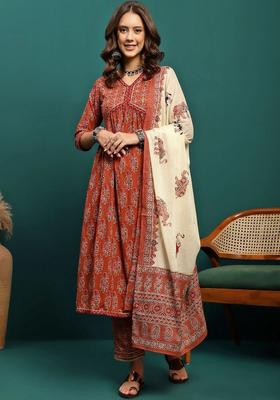 Rust Printed Cotton Kurta Set