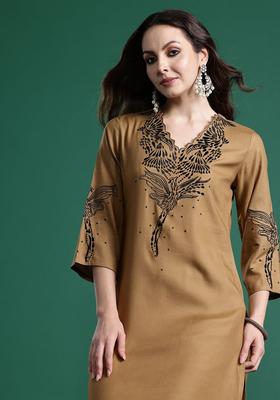 Brown Embroidered Viscose Kurta Set