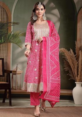 Pink Self Design Cotton Kurta Set