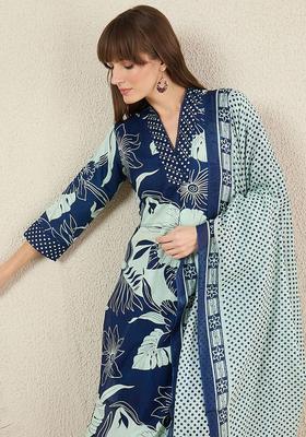 Navy Blue Printed Cotton Kurta Set