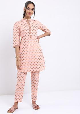 Peach Printed Polyester Kurta Set