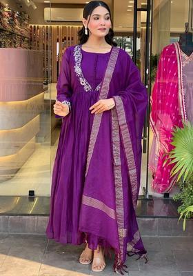 Purple Embroidered Chinon Kurta Set