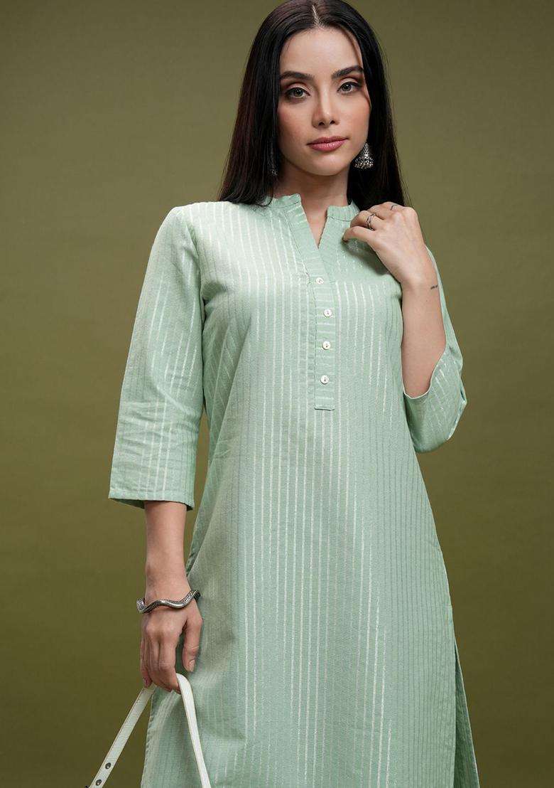 Green Striped Cotton Kurta Set - Indya