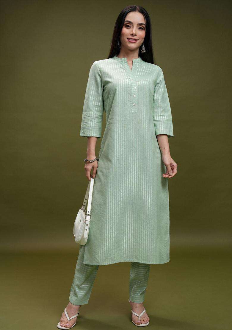 Green Striped Cotton Kurta Set - Indya