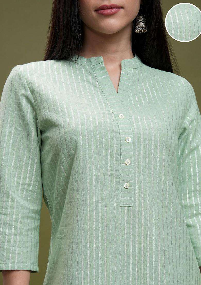 Green Striped Cotton Kurta Set - Indya