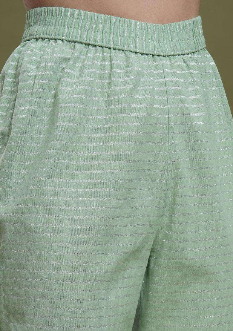 Green Striped Cotton Kurta Set - Indya