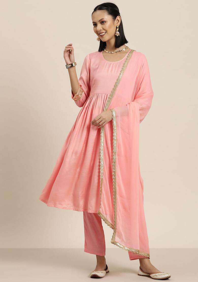 Peach Solid Viscose Kurta Set - Indya