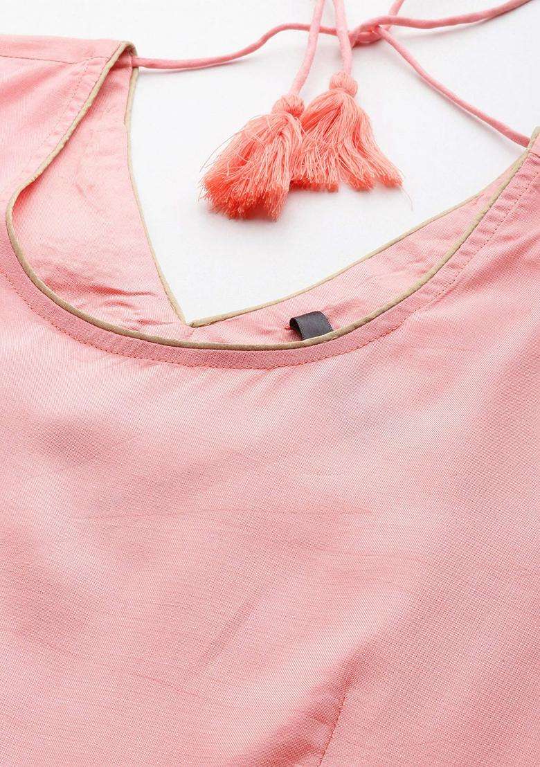 Peach Solid Viscose Kurta Set - Indya