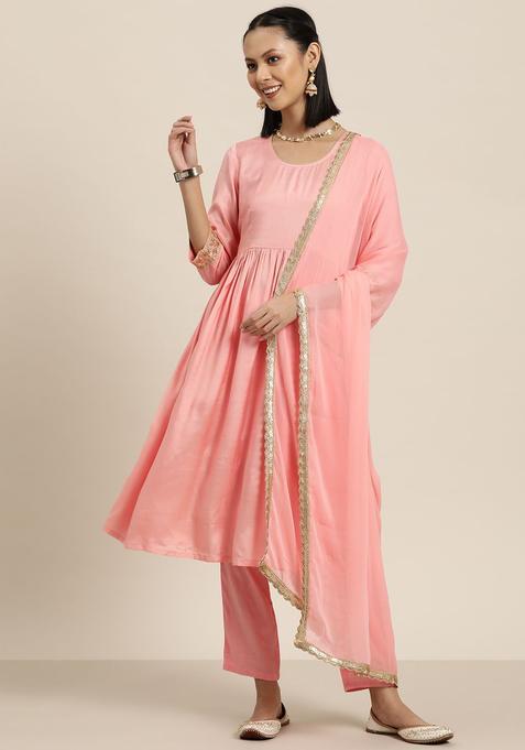 Peach Solid Viscose Kurta Set — view on Indya