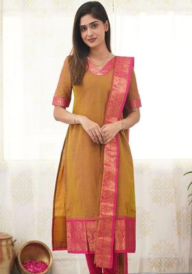 Mustard Solid Cotton Kurta Set