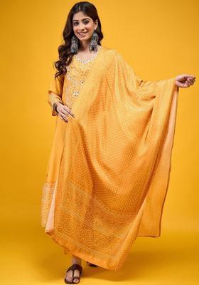 Mustard Embroidered Cotton Kurta Set