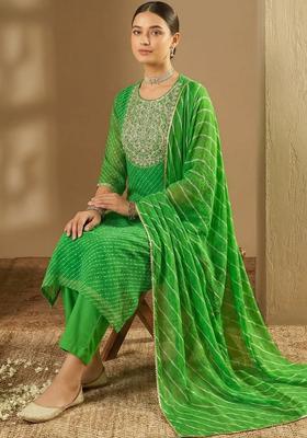 Green Self Design Georgette Kurta Set