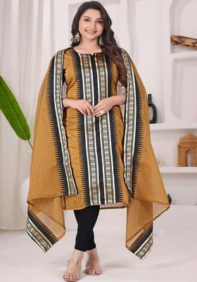 Brown Printed Cotton Kurta Set