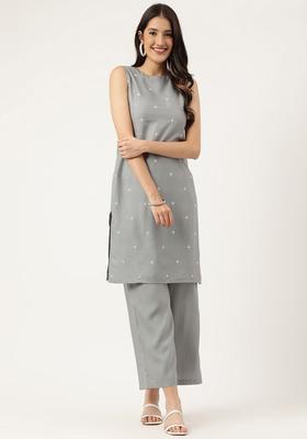 Grey Embroidered Viscose Kurta Set
