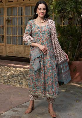 Teal Printed Cotton Kurta Set