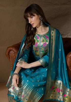 Teal Woven Design Cotton Kurta Set