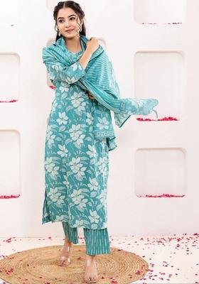 Turquoise Blue Printed Cotton Kurta Set