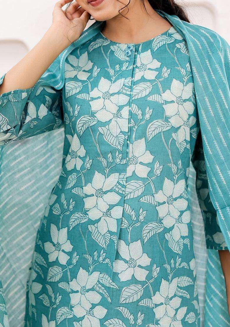 Turquoise Blue Printed Cotton Kurta Set - Indya