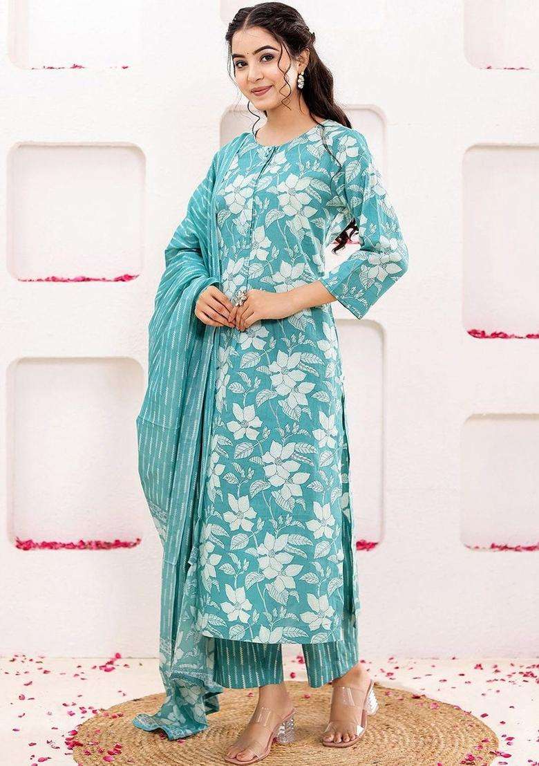 Turquoise Blue Printed Cotton Kurta Set - Indya