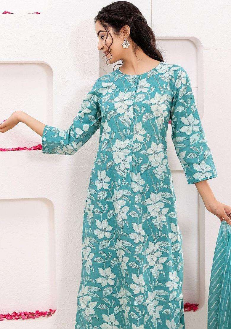 Turquoise Blue Printed Cotton Kurta Set - Indya