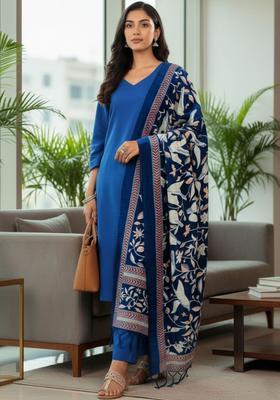 Blue Solid Cotton Kurta Set