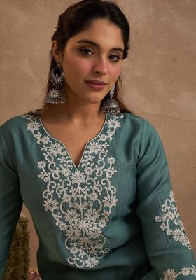 Sea Green Embroidered Silk Blend Kurta Set