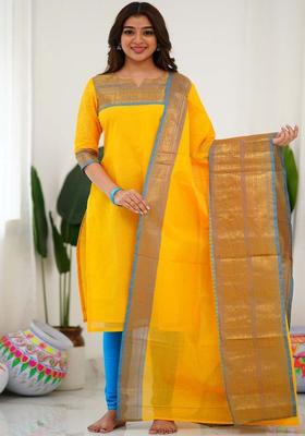 Yellow Self Design Cotton Kurta Set